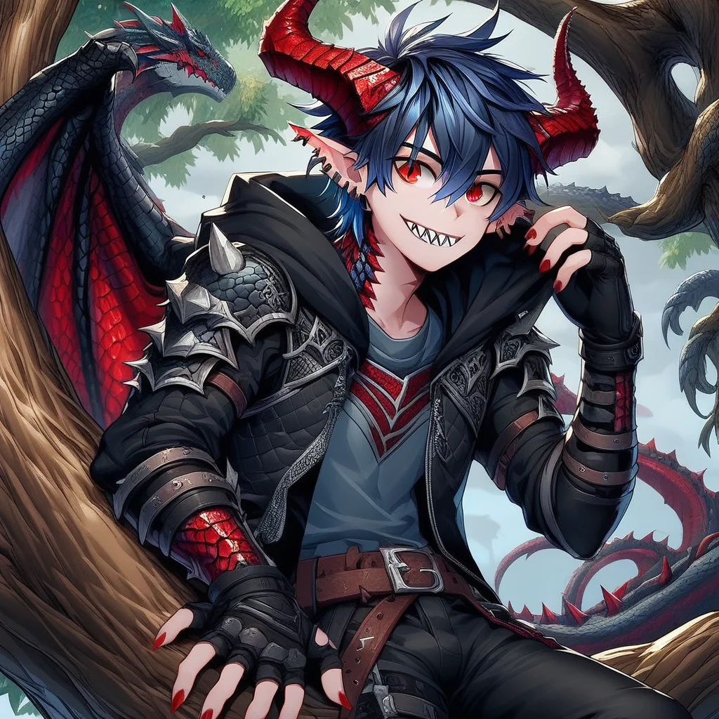belt, red nails, pants, horns, scales, dragon boy, in tree, red eyes, armor, sharp teeth, male focus, fingerless gloves, pointy ears, ear piercing
