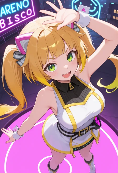 1girl,solo,<lora:biscoil:0.9>,bisco,green eyes,blonde hair,long hair,twintails,multicolored hair,gradient hair,animal ears,cat ears,dress,sleeveless,bare shoulders,belt,wrist cuffs,boots,looking_at_viewer,cowboy_shot,smile,open mouth,from_above,arm_above_head,spread_fingers,neon lights,arena,night,masterpiece,best quality,good quality,newest,incredibly absurdres,v-shaped eyebrows,