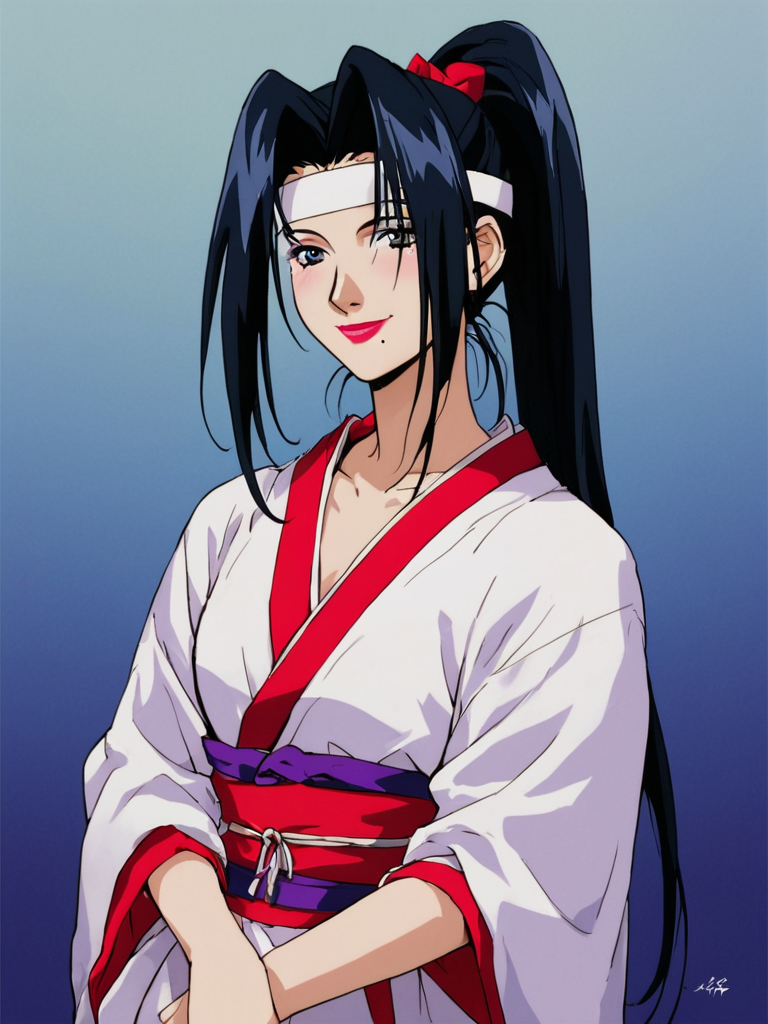 score_9, score_8_up, score_7_up, score_6_up, masterpiece, perfect face, perfect hands, high quality, source_cartoon, (1girl, solo,) <lora:Twilight_Suzuka_-_Outlaw_Star:1> twilightsuzuka, black hair, long hair, headband, ponytail, mole under mouth,  japanese clothes, 1990s (style), white robe, smile, lipstick, makeup,