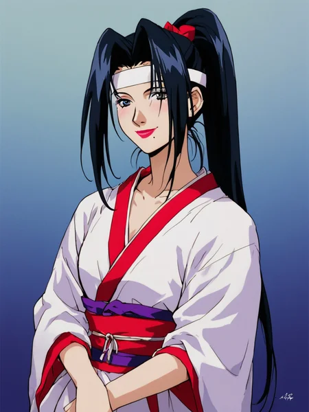 score_9, score_8_up, score_7_up, score_6_up, masterpiece, perfect face, perfect hands, high quality, source_cartoon, (1girl, solo,) <lora:Twilight_Suzuka_-_Outlaw_Star:1> twilightsuzuka, black hair, long hair, headband, ponytail, mole under mouth, japanese clothes, 1990s (style), white robe, smile, lipstick, makeup,