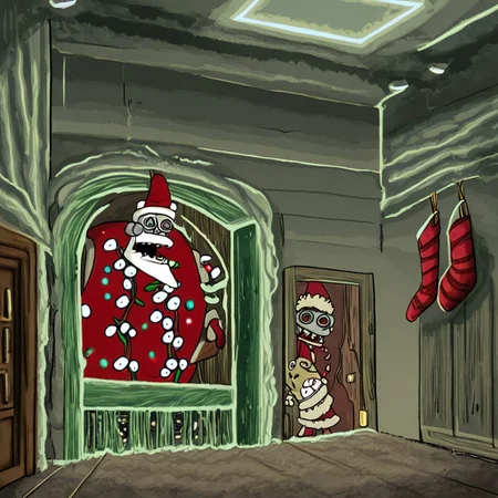 Children hiding from Santa, inside, Christmas decorations, horror, ominous