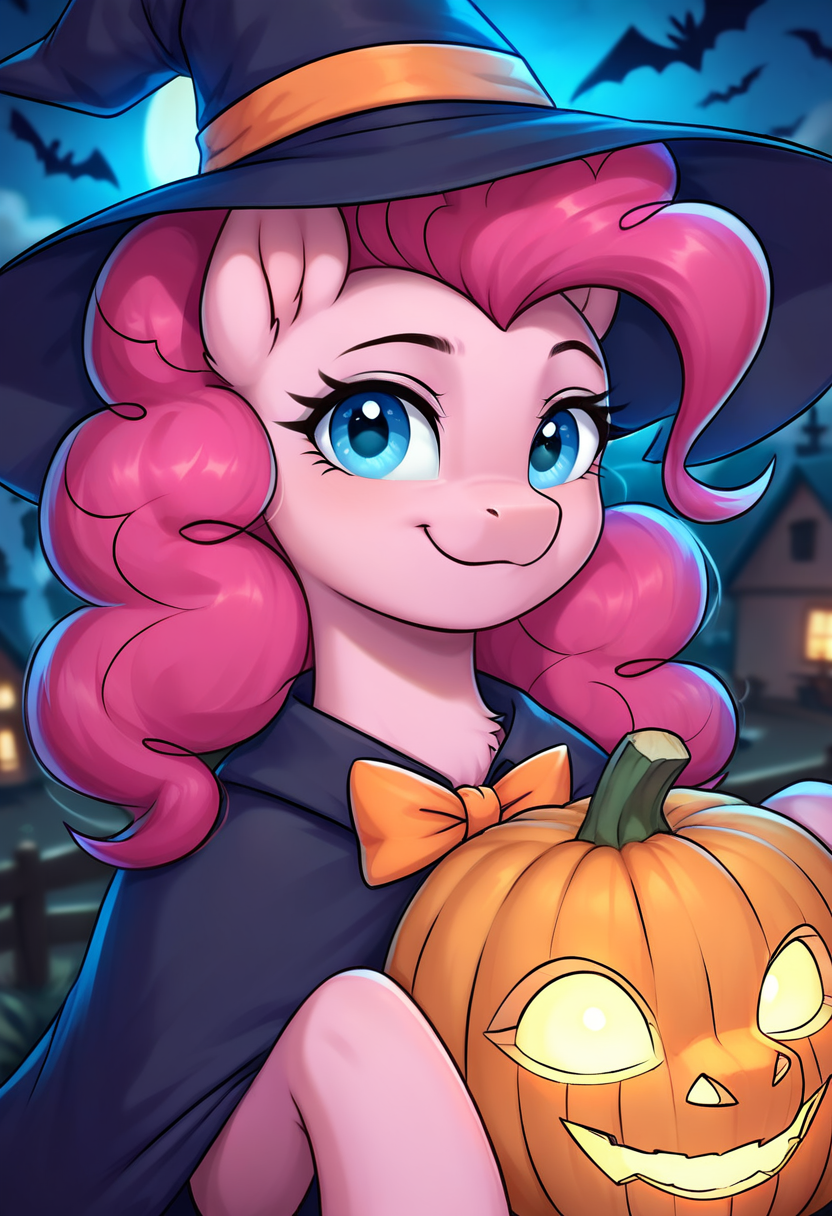 score_9, score_8_up, score_7_up, score_6_up, rating_safe, Pony, pinkie pie, bunny, halloween, witch hat, witch, pumpkin, upper body, closed mouth, happy,