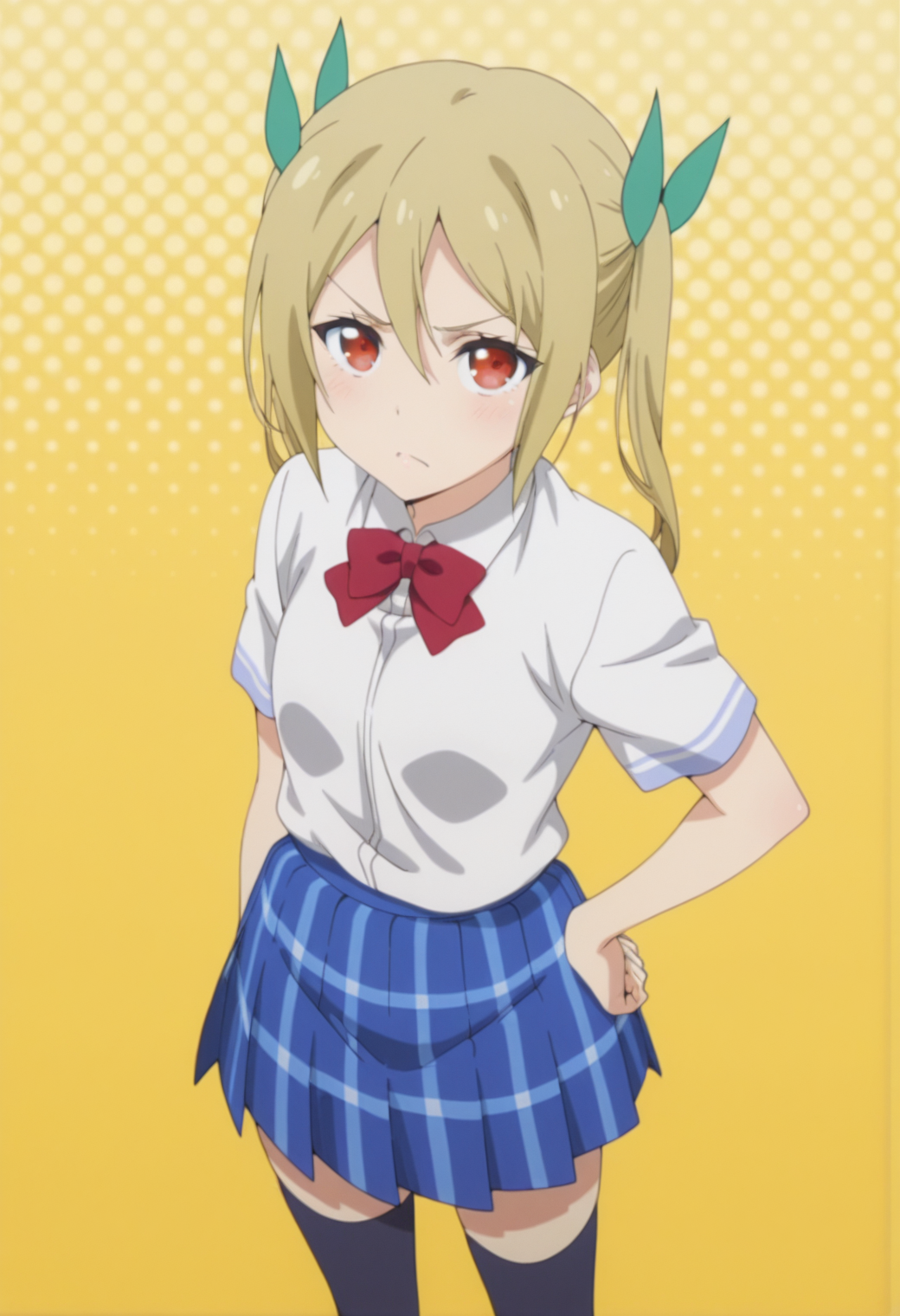 anime screencap, anime coloring, <lora:DX888Akane:1> segawa akane, red eyes, blonde hair, long hair, twintails BREAK hair ribbon, school uniform, white shirt, red bowtie, plaid skirt, blue skirt, thighhighs, BREAK simple background, yellow background,  halftone background, BREAK     1girl, angry, from above, hand on own hip, looking at viewer,  solo, standing,