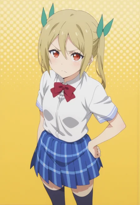 anime screencap, anime coloring, <lora:DX888Akane:1> segawa akane, red eyes, blonde hair, long hair, twintails BREAK hair ribbon, school uniform, white shirt, red bowtie, plaid skirt, blue skirt, thighhighs, BREAK simple background, yellow background,  halftone background, BREAK     1girl, angry, from above, hand on own hip, looking at viewer,  solo, standing,