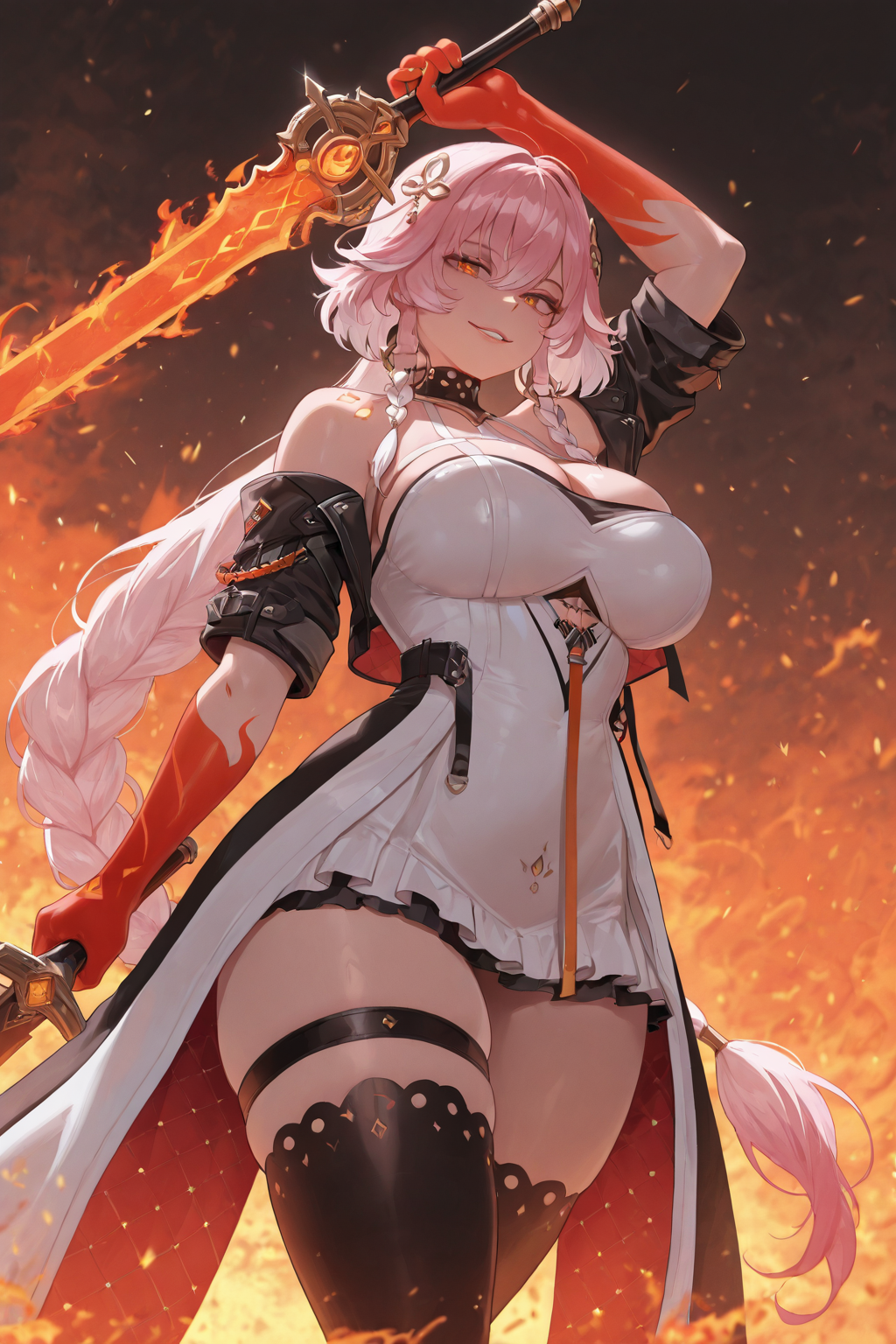masterpiece,best quality,amazing quality,absurdres, <lora:Changli_Wuthering_Waves:1>, ChanDS, 1girl, arm up, black collar, black jacket, black thighhighs, body markings, braid, breasts, cleavage, collar, colored extremities, detached sleeves, dress, hair extensions, fire, hair ornament, holding, holding sword, holding weapon, jacket, large breasts, long hair, looking at viewer, multicolored hair, orange eyes, parted lips, pink hair, red hands, ring hair extensions, short sleeves, smile, solo, sword, thigh strap, thighhighs, thighs, twin braids, two-tone hair, very long hair, weapon, white dress, white hair