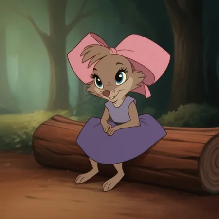 score_9, score_8_up, score_7_up, score_6_up, score_5_up, score_4_up, source_furry, TeresaBrisv2, semi-anthro, female, mouse, brown fur, whiskers, blue eyes, pink hair bow, purple dress, sleeveless, innocent expression, sitting, outside, on a log, smile, in the woods, day time