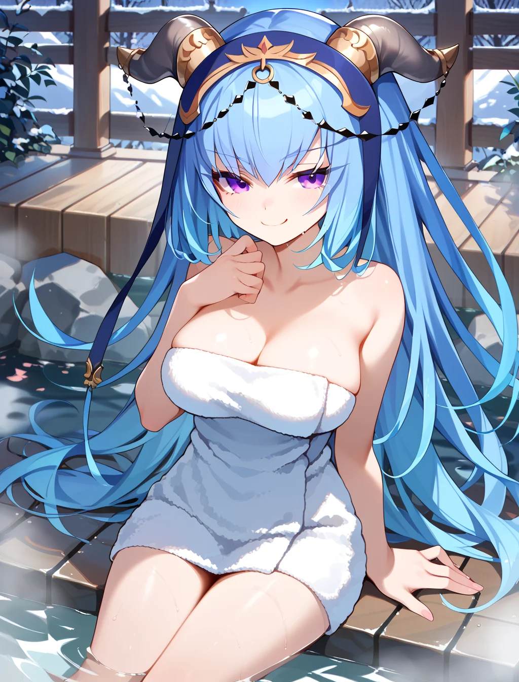 (masterpiece, best quality), absurdres, (masterpiece), best quality, game cg, absurdres, anime style, newest, score_9_up, score_8_up, score_7_up, score_6_up, score_5_up, score_4_up, score_3_up BREAK (masterpiece, best quality), absurdres, long eyelashes, BREAK Meliusiana, solo, bath towel, sitting, onsen, smug