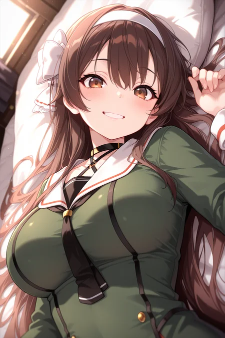 1girl, YaezawaNatoriDotLive,
sensitive, solo, perspective, dutch angle, upper body,
very long hair, dark brown hair,
brown eyes, eyelashes, large breasts,
white hairband, hair bow on right side,
black choker, black neckerchief,
white sailor collar, green shirt, long sleeves,
lying, on back, grin,
bedroom,
<lora:kp_YaezawaNatoriDotLive2ndCostumeIllustrious_v1_0:1.0>,
masterpiece, best quality, amazing quality