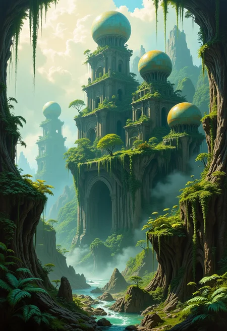 masterpiece, oil painting of a ruined, abandoned alien cityscape raising out of a lush, misty jungle, featuring damaged towers and domes, overgrown with vines, trees, ivy,