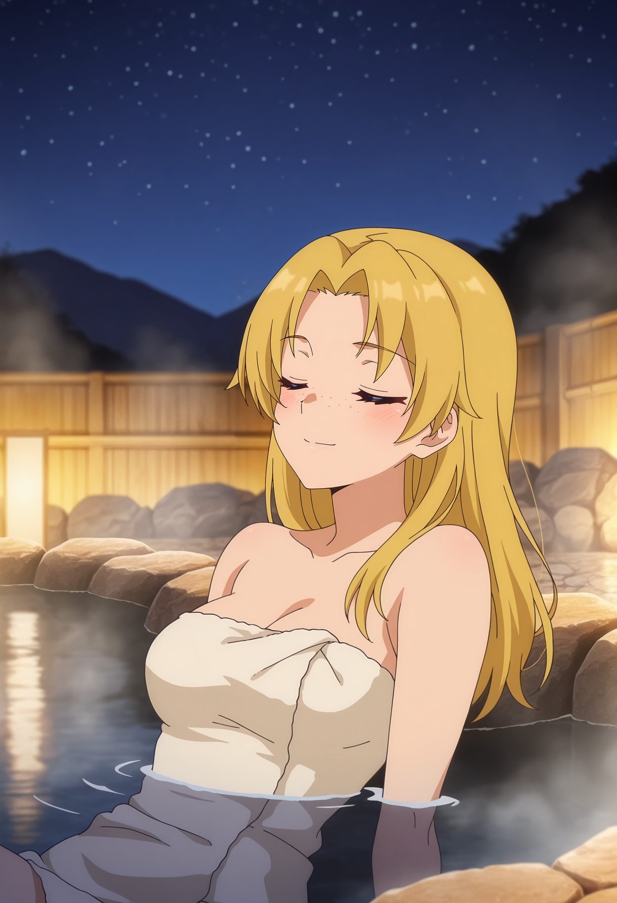 anime screencap, masterpiece, best quality,
<lora:ARankParty(Aparida)_OsenJamie_IlluXL:0.9>,
1girl, solo, closed mouth, light smile, blush,
straight hair, parted bangs, blonde hair, closed eyes, freckles,
naked towel, medium breasts, steam,
partially submerged, leaning back,
outdoors, onsen, night, starry sky, photo background, blurry background