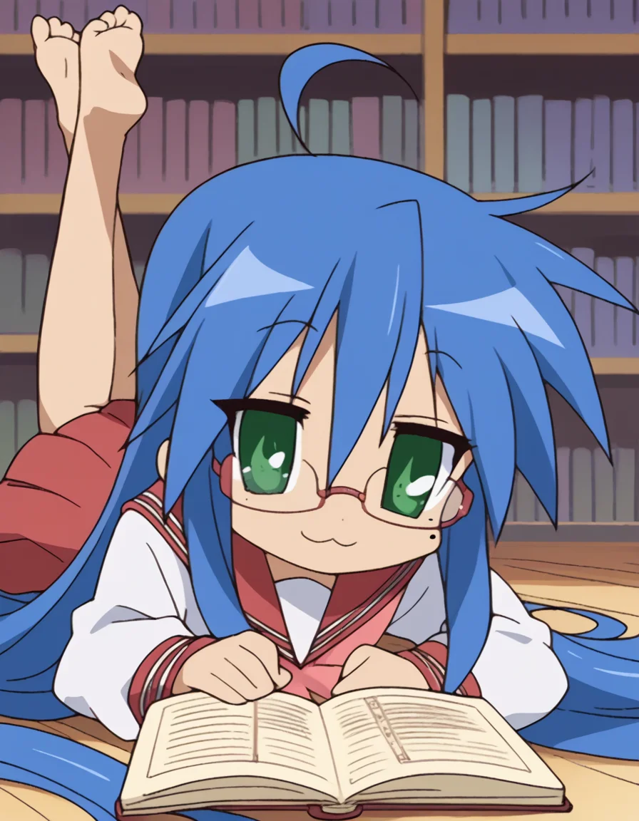 score_9, score_8_up, score_7_up, source_anime, <lora:konata-izumi-s1-ponyxl-lora-nochekaiser:1>, konata izumi, long hair, very long hair, green eyes, blue hair, ahoge, mole, mole under eye,, skirt, long sleeves, school uniform, pleated skirt, serafuku, sailor collar, neckerchief, red skirt, ryouou school uniform,, library, reading books, glasses, quiet, focused, shelves of books, smile, <lora:the-pose-ponyxl-lora-nochekaiser:1>, the pose, on stomach, feet up, lying, soles, feet, legs up, head rest, barefoot, looking at viewer, solo,, dutch angle, cowboy shot