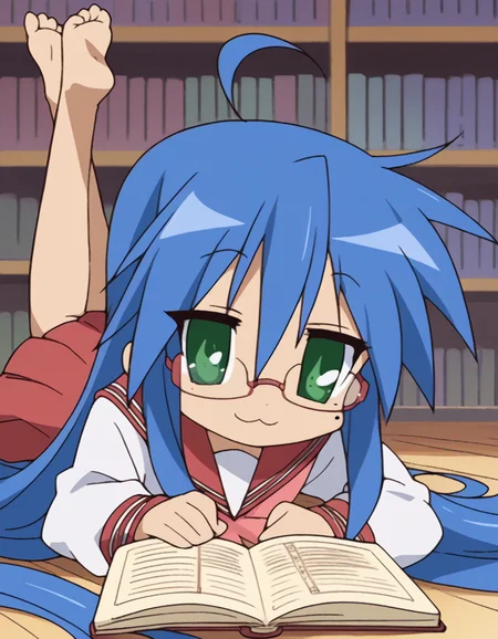 score_9, score_8_up, score_7_up, source_anime, <lora:konata-izumi-s1-ponyxl-lora-nochekaiser:1>, konata izumi, long hair, very long hair, green eyes, blue hair, ahoge, mole, mole under eye,, skirt, long sleeves, school uniform, pleated skirt, serafuku, sailor collar, neckerchief, red skirt, ryouou school uniform,, library, reading books, glasses, quiet, focused, shelves of books, smile, <lora:the-pose-ponyxl-lora-nochekaiser:1>, the pose, on stomach, feet up, lying, soles, feet, legs up, head rest, barefoot, looking at viewer, solo,, dutch angle, cowboy shot