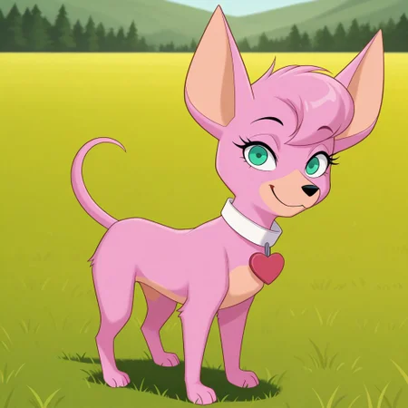 score_9, score_8_up, score_8, score_7, source_cartoon, Mammoth_M, solo, 1girl, feral, dog, chihuahua, pink fur, tan muzzle, tan belly, aqua eyes, eyelashes, large ears, dog tail, black nose, white collar, heart dog tag, full body, looking at viewer, smile, standing, grass field setting,