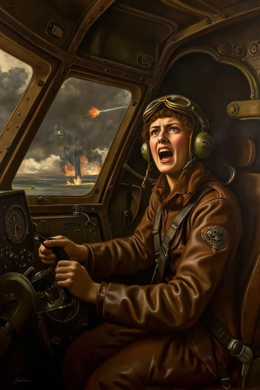 johncollier1 painting.
A female pilot screaming inside the cockpit of a World War II bomber. The pilot, wearing a vintage leather flight helmet with goggles and a bomber jacket, grips the controls with white-knuckled hands. Her face is contorted in a mix of fear and determination as she yells, her eyes wide with adrenaline. The cockpit is cramped and filled with old-fashioned dials and gauges, with the outside view showing dark stormy clouds and distant anti-aircraft fire. <lora:johncollier1_cap_d8a4e12:1.0><lora:850626908273001580:0>