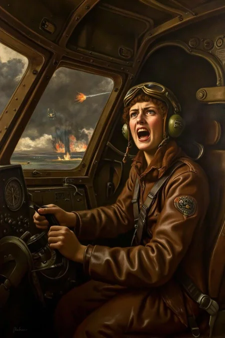 johncollier1 painting.
A female pilot screaming inside the cockpit of a World War II bomber. The pilot, wearing a vintage leather flight helmet with goggles and a bomber jacket, grips the controls with white-knuckled hands. Her face is contorted in a mix of fear and determination as she yells, her eyes wide with adrenaline. The cockpit is cramped and filled with old-fashioned dials and gauges, with the outside view showing dark stormy clouds and distant anti-aircraft fire. <lora:johncollier1_cap_d8a4e12:1.0><lora:850626908273001580:0>