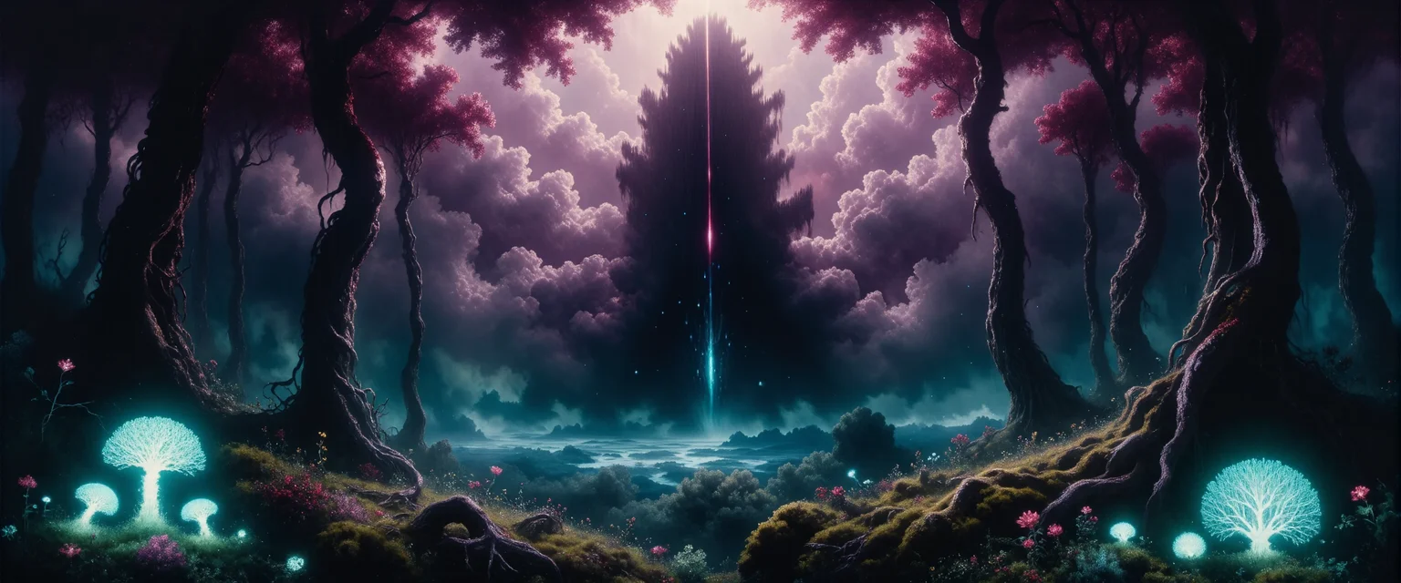 dark fantasy-style oil painting inspired by william turner's shade and darkness - the evening of the deluge, an otherworldly and bizarre extraterrestrial jungle on a distant planet, the landscape is dense with twisted alien vegetation, towering trees covered in crimson vines and eldritch growths rise up toward a sky barely visible through the canopy, the ground is blanketed in thick moss and exotic, glowing bioluminescent plants, casting a mesmerizing cyan light onto the shadowy forest floor, in the foreground, the gnarled roots of the alien trees twist and sprawl, while patches of bioluminescent flora pulse with an eerie glow, their cyan and teal light contrasting sharply against the dark underbrush, tendrils of crimson vines snake up the towering trees, as if feeding off the eldritch energy that saturates the air, in the background, dramatic clouds swirl ominously in the sky, the deep purple of the atmosphere broken by flashes of eldritch energy, the occasional break in the dense canopy allows glimpses of the alien sky above, where a dark, cosmic horror looms unseen, the energy it radiates warps the atmosphere, bending the light and casting an unnatural glow over the jungle, the atmosphere is oppressive and foreboding, saturated with the tension of eldritch horror, as though the very jungle itself is alive, pulsing with ancient, unknowable power, the color palette is dominated by dark shades of black, purple, teal, cyan, crimson, bordeaux red, and deep browns, blending together to create a surreal, cosmic nightmare, the perspective is very low, almost ground-level, with a focus on the towering trees and the glowing flora, as though the viewer is staring into the heart of this eldritch realm, the towering trees loom overhead, oppressive and alive, the lighting is eerie and otherworldly, with bioluminescent plants casting cyan and teal light across the forest floor, the shadows deep and thick, the eldritch energy distorting the light as it moves through the jungle, the textures are rich and tactile, with thick, deliberate brushstrokes capturing the twisted forms of the alien trees, the glowing plants, and the warped, pulsing energy that permeates the scene, giving the painting a textured, almost tactile quality, ral-granlum, <lora:style-fritz_zuber-buhler-flux-by_tangbohu:0.68> style of fritz zuber-buhler <lora:style-granular_luminosity-flux-by_ralfinger:0.76> <lora:style-fantastic_landscapes-flux-by_artifyai:0.76> <lora:image_enhancer-flux-by_dever:0.6>