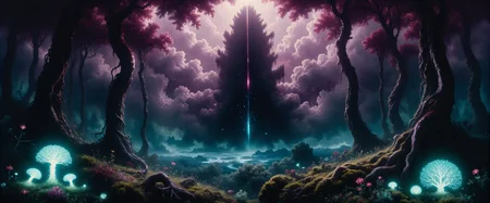 dark fantasy-style oil painting inspired by william turner's shade and darkness - the evening of the deluge, an otherworldly and bizarre extraterrestrial jungle on a distant planet, the landscape is dense with twisted alien vegetation, towering trees covered in crimson vines and eldritch growths rise up toward a sky barely visible through the canopy, the ground is blanketed in thick moss and exotic, glowing bioluminescent plants, casting a mesmerizing cyan light onto the shadowy forest floor, in the foreground, the gnarled roots of the alien trees twist and sprawl, while patches of bioluminescent flora pulse with an eerie glow, their cyan and teal light contrasting sharply against the dark underbrush, tendrils of crimson vines snake up the towering trees, as if feeding off the eldritch energy that saturates the air, in the background, dramatic clouds swirl ominously in the sky, the deep purple of the atmosphere broken by flashes of eldritch energy, the occasional break in the dense canopy allows glimpses of the alien sky above, where a dark, cosmic horror looms unseen, the energy it radiates warps the atmosphere, bending the light and casting an unnatural glow over the jungle, the atmosphere is oppressive and foreboding, saturated with the tension of eldritch horror, as though the very jungle itself is alive, pulsing with ancient, unknowable power, the color palette is dominated by dark shades of black, purple, teal, cyan, crimson, bordeaux red, and deep browns, blending together to create a surreal, cosmic nightmare, the perspective is very low, almost ground-level, with a focus on the towering trees and the glowing flora, as though the viewer is staring into the heart of this eldritch realm, the towering trees loom overhead, oppressive and alive, the lighting is eerie and otherworldly, with bioluminescent plants casting cyan and teal light across the forest floor, the shadows deep and thick, the eldritch energy distorting the light as it moves through the jungle, the textures are rich and tactile, with thick, deliberate brushstrokes capturing the twisted forms of the alien trees, the glowing plants, and the warped, pulsing energy that permeates the scene, giving the painting a textured, almost tactile quality, ral-granlum, <lora:style-fritz_zuber-buhler-flux-by_tangbohu:0.68> style of fritz zuber-buhler <lora:style-granular_luminosity-flux-by_ralfinger:0.76> <lora:style-fantastic_landscapes-flux-by_artifyai:0.76> <lora:image_enhancer-flux-by_dever:0.6>