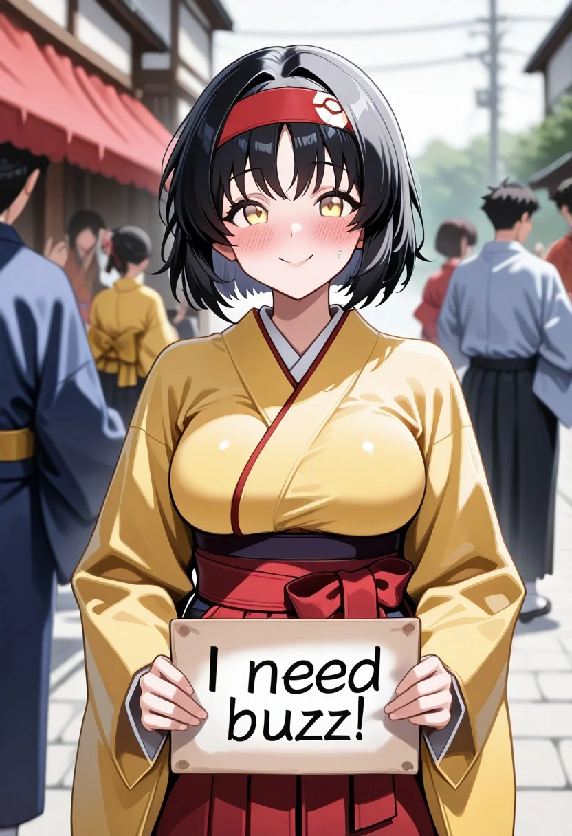 1girl, solo, need_buzz, holding sign, pokemonerika, yellow eyes, black hair, headband, short hair, japanese clothes, kimono, hakama, red hakama, long sleeves, wide sleeves, outdoor, smile, simple background, depth of field, blurry background, solo focus, BREAK cute, pretty, blush, detailed eyes, high resolution eyes, perfect face, perfect eyes, perfect breasts, perfect hands, perfect ass, uncensored, (score 9, score 8 up, score 7 up, source anime, masterpiece, best quality, high quality, absurdres, absolutely resolution, incredibly absurdres, high res image, 8K),