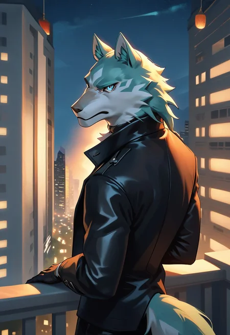 score_9_up, score_8_up, score_7_up, masterpiece, best quality, amazing quality, very aesthetic, absurdres, newest, high quality, detailed, male, solo male, Shirou Ogami, 1boy, mature male, male, athletic build, anthro, wolf, animal ears, white and teal fur, ice blue eyes, black leather jacket, black sweater, black gloves, dark gray pants, black choker collar, half body, looking at viewer, stern expression, outdoors, balcony, outdoor restaurant, night, volumetric lighting, rear view, looking back at viewer