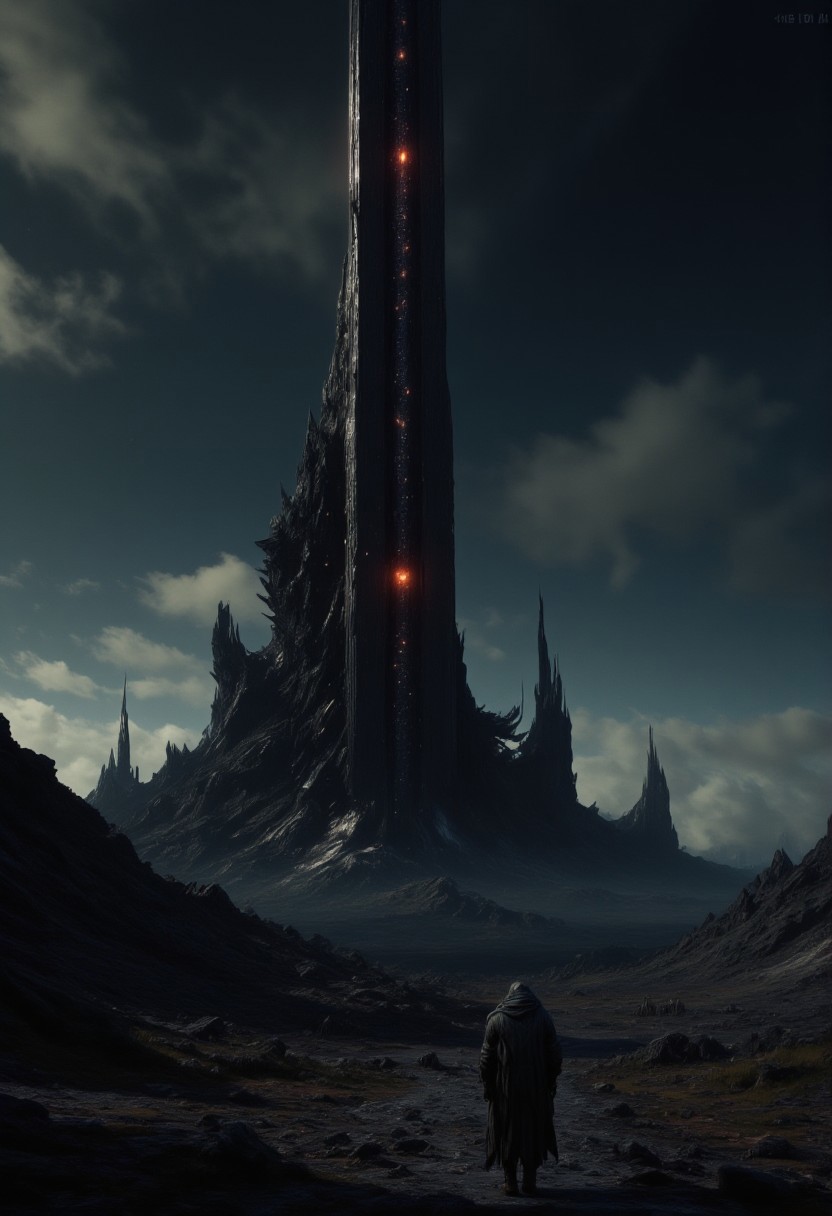 mythp0rt, masterpiece oil painting, landscape of a desolate volcanic plain, featuring a tall tower like a skyscraper, and a red gleaming eye reminiscent of the Eye of Sauron in the Lord of the Rings.  The landscape is blackened and scorched; figures in robes walk towards the eerie tower