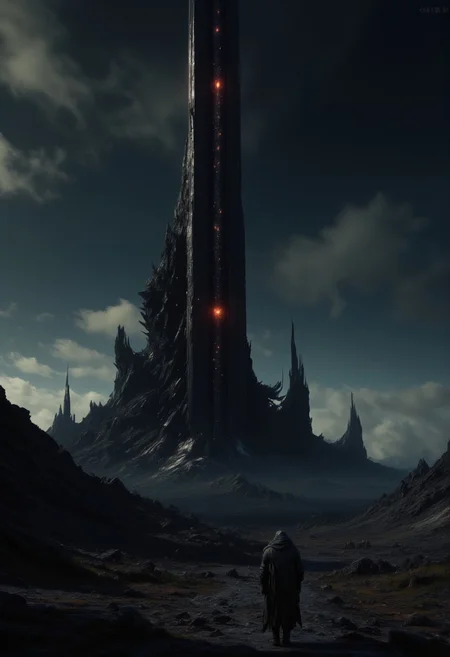 mythp0rt, masterpiece oil painting, landscape of a desolate volcanic plain, featuring a tall tower like a skyscraper, and a red gleaming eye reminiscent of the Eye of Sauron in the Lord of the Rings.  The landscape is blackened and scorched; figures in robes walk towards the eerie tower