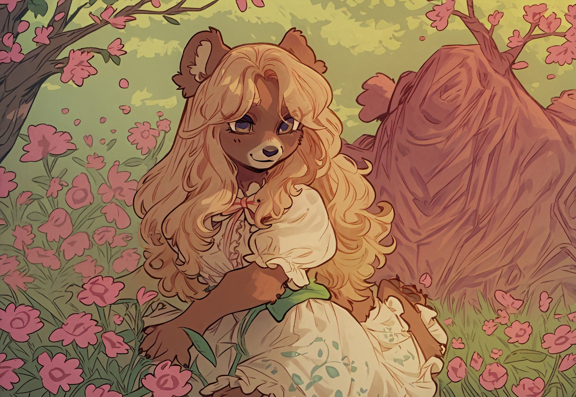 NEGATIVE_HANDS, fcNeg, csr style, gclearstyle, Art by Phallusbro[STYLE], Phallusbro[STYLE], furry, furry art, Cartoony, Cartoon like, cutesy style, , chibi, ojou curls

detailed, HD, uploaded to e621, painting, painted, shaded, soft, clean lines, game CG, official art, 

animalistic features,
pinup, pinup pose, feet in frame, paws, paw pads, 
1 girl, bear anthro, bear, brown body, white dress, solo, long hair, blonde, frills, dress, frilled dress, ribbons, bows, cute,

dramatic lighting,
outside, spring time, flowers, flower field,