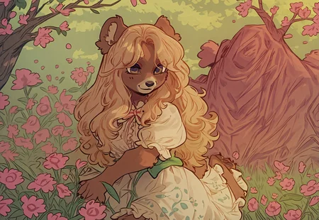 NEGATIVE_HANDS, fcNeg, csr style, gclearstyle, Art by Phallusbro[STYLE], Phallusbro[STYLE], furry, furry art, Cartoony, Cartoon like, cutesy style, , chibi, ojou curls

detailed, HD, uploaded to e621, painting, painted, shaded, soft, clean lines, game CG, official art, 

animalistic features,
pinup, pinup pose, feet in frame, paws, paw pads, 
1 girl, bear anthro, bear, brown body, white dress, solo, long hair, blonde, frills, dress, frilled dress, ribbons, bows, cute,

dramatic lighting,
outside, spring time, flowers, flower field,