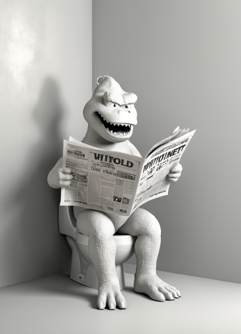 godzilla, reading newspaper on the toilet, 3d, render, white, 3d shadows, abstract,
 <lora:3DPrintingXL:0.8> WhiteMold,
