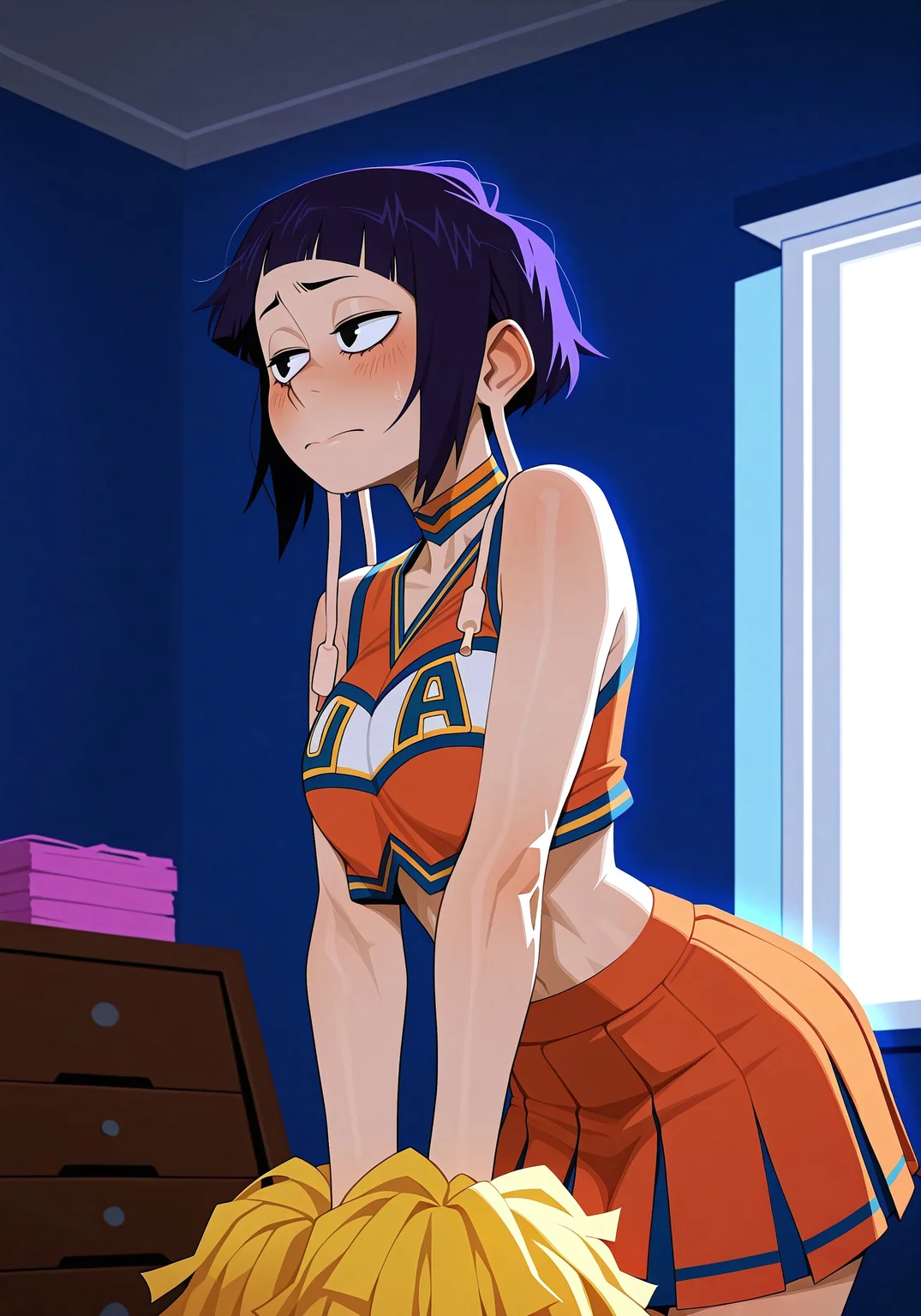 IllusP0s, Smooth Quality, masterpiece, best quality, amazing quality, very aesthetic, high resolution, absurdres, dynamic lighting, (solo, 1girl), art by incase, no lineart,
illujiro, short hair, bangs, long earlobes, purple hair, black hair, black eyes,
u.a. cheerleader uniform, orange crop top, orange pleated skirt, orange choker, midriff, pom pom \(cheerleading\),
Nervous, dorm room, bashful,