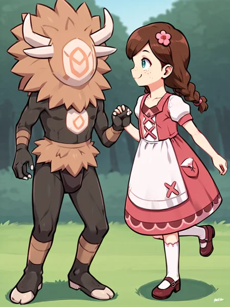 score_9, score_8_up, score_7_up, score_6_up, score_5_up, source_anime BREAK
<lora:Genshin_NPC_EllaMusk_Pony_v1:0.8>, 1girl, 1boy, full body, (grassy field:1.3), running, (hilichurl:1.8), wearing loincloth, holding hands, teal eyes, brown hair, swept bangs, twin braids, (hair flower, hair ornament:1), collarbone, pink dress, flower pattern, short sleeves, white sleeves, (white apron:1.1), puffy sleeves, white socks, bobby socks, brown footwear, (mary janes:1.5), (freckles on cheeks and nose:1.3), (tareme:1.5), smiling, happy, from side, (looking at each other, eye contact:1.5), size difference,