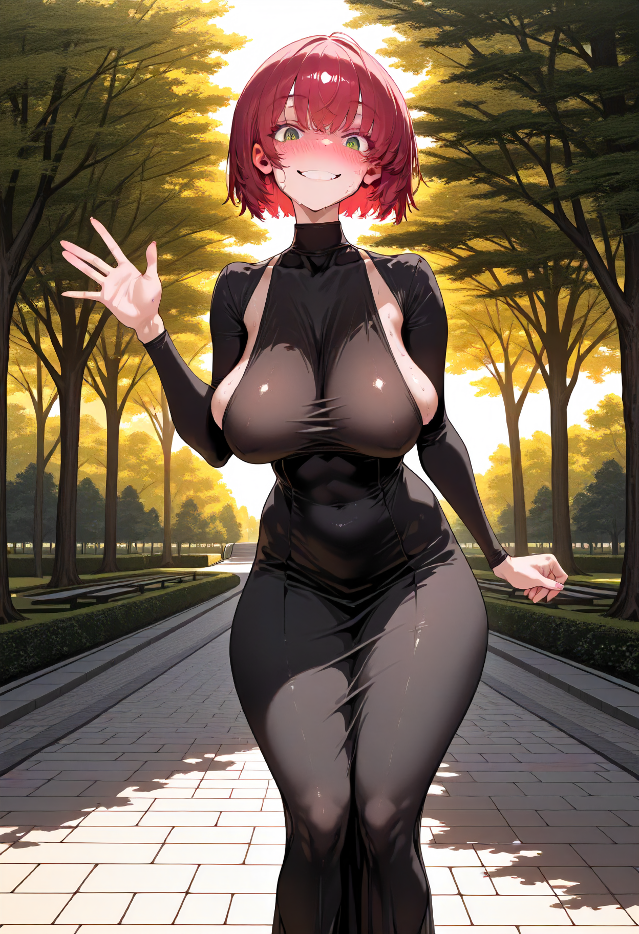 masterpiece, best quality, amazing quality, very aesthetic, absurdres, newest, scenery, volumetric lighting, perfect eyes, ultra detailed,
1girl, solo, red hair, green eyes, short hair, big breasts, sagging breasts, fit body,
black dress,  tight dress, long dress,
lewd smile, snug smile, blushing, sweating, waving,
outdoors, park, trees, walkway, detailed background,
<lora:Zutta_Style__Illustrious:1.2>
masterpiece, best quality, amazing quality, very aesthetic, absurdres, newest, scenery, volumetric lighting, perfect eyes, ultra detailed,