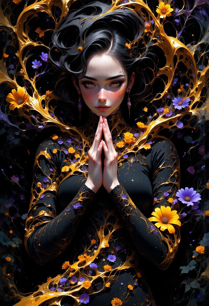 black-haired woman, lying among vibrant flowers, yellow marigolds and purple daisies, praying with both hands near her face, piercing red eyes, calm yet mysterious expression, floral vines curling around her, soft natural lighting, petals scattered on dark green foliage. Dynamic framing, off-center focus, subtle shadows and highlights, tranquil yet surreal atmosphere.