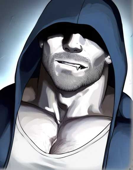1boy, muscular male, masculine male, stalker, pale skin, facial hair, dark blue hoodie, pectoral cleavage, covered abs, white t-shirt, open jacket, covered eyes, portrait shot, high angle, biting lip
, <lora:r-l_IL-000019:1>, masterpiece, best quality, amazing quality, very aesthetic, absurdres