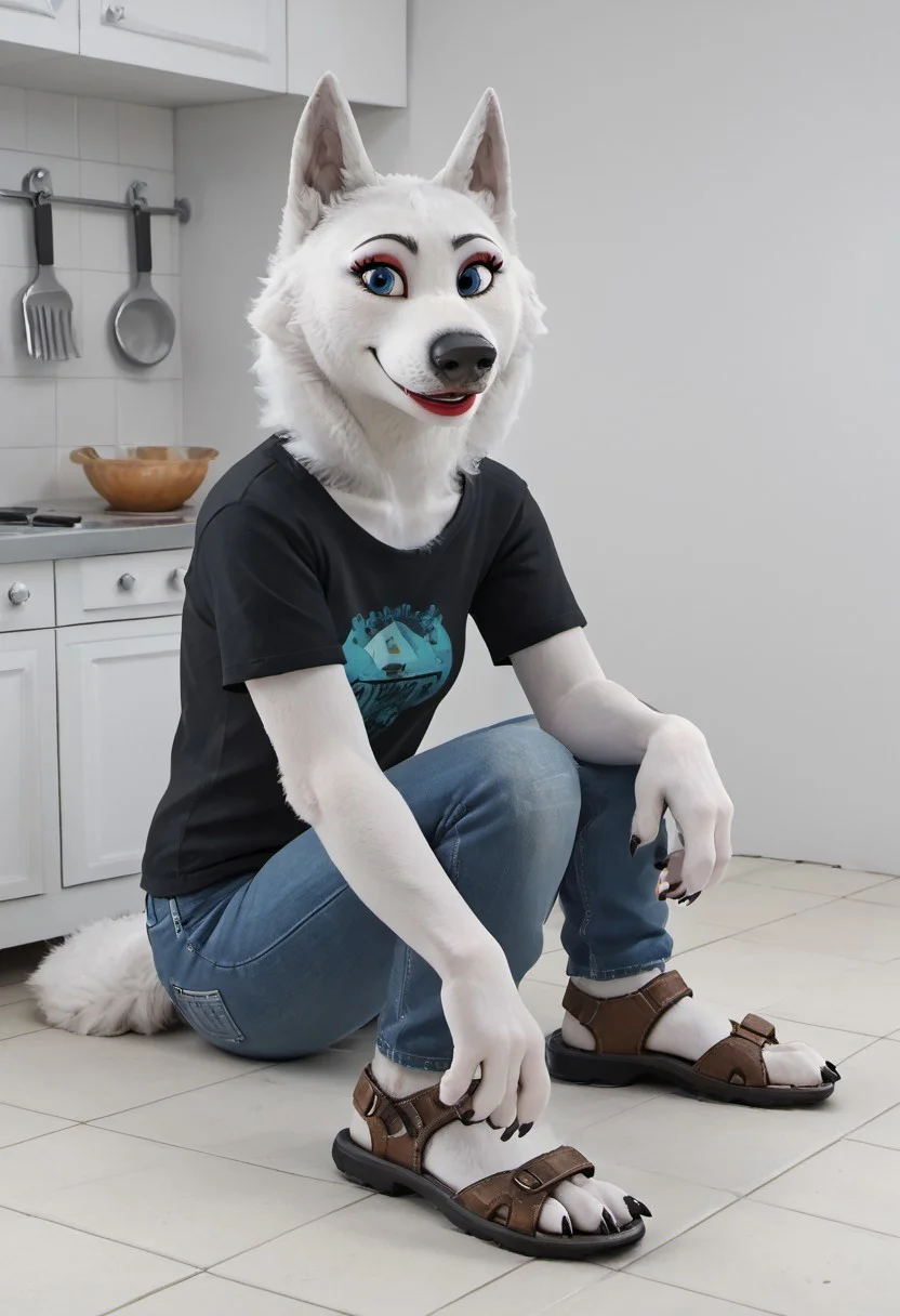 core_9, score_8_up, score_7_up, score_6_up, score_5_up, score_4_up, detailed fur, detailed face, Barbara, Wolf, Timberwolf, blue eyes, female, White fur,barbara, big chin, anthro wolf, solo,dressed green t-shirt,long jeans, brown sandals heels, paws claws, 1 girl, shrugging, makeup red lipstick, painted eyelashes blue, painted nails pink, laughter open mouth,smilingsmile, open lips laughter,sitting in the kitchen with his wolf cubs.