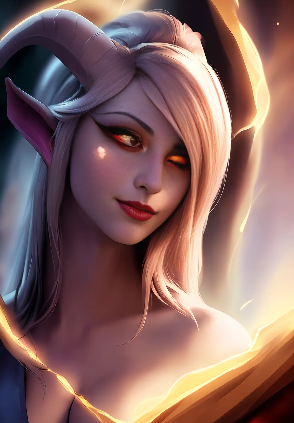 <lora:draenei:0.8>, draenei, 1girl, solo, (((beautiful, masterpiece, best quality,perfect lighting, realistic, detailed face, ))) sexy mage dress, deep red skin, smirk, glowing eyes, mystical energy, aura, magic, power,