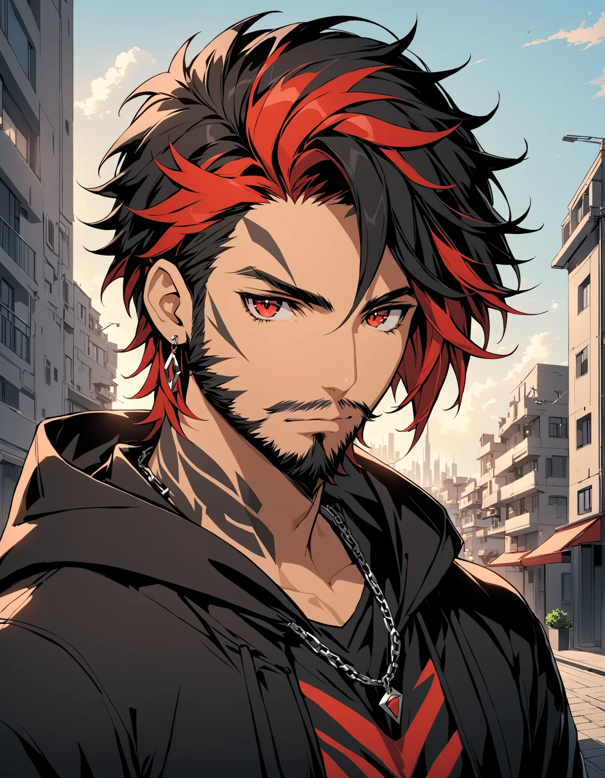 Mj Osea Style, solo, looking at viewer, short hair, black hair, red eyes, 1boy, jewelry, closed mouth, upper body, male focus, red hair, earrings, outdoors, hood, necklace, streaked hair, tattoo, facial hair, animal, scar, piercing, cat, hood down, building, portrait, beard, scar on face, serious, city, scar across eye, stubble, black cat, facial tattoo, hyur, masterpiece, best quality , <lora:MJ-OSEAXL:0.8>