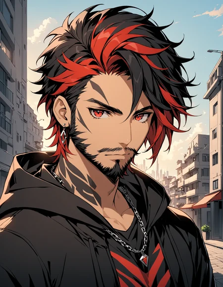 Mj Osea Style, solo, looking at viewer, short hair, black hair, red eyes, 1boy, jewelry, closed mouth, upper body, male focus, red hair, earrings, outdoors, hood, necklace, streaked hair, tattoo, facial hair, animal, scar, piercing, cat, hood down, building, portrait, beard, scar on face, serious, city, scar across eye, stubble, black cat, facial tattoo, hyur, masterpiece, best quality , <lora:MJ-OSEAXL:0.8>