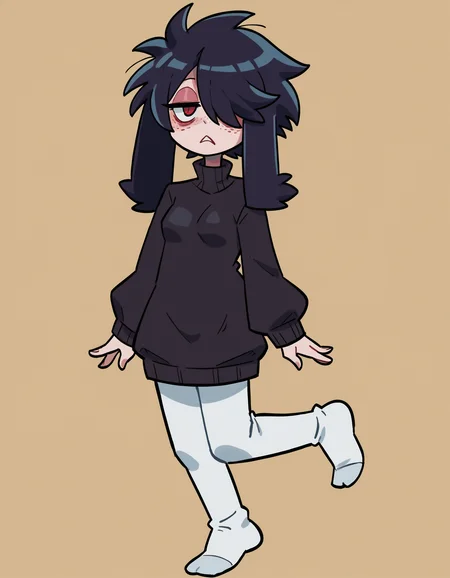 zPDXL, score_9, score_8_up, score_7_up, source_anime, 1girl, solo, absurdres, 4k, <lora:anapijama:0.8> anapijama
black sweater, turtleneck sweater, dress, sweater dress, white leggings, no shoes,, <lora:Furfrou_v2:0.8> furfrou, (dog ears, dog tail, dog girl), black fur, white skin, red eyes, jitome, bags under eyes, small breasts, freckles, hair over one eye, body freckles, half-closed eyes