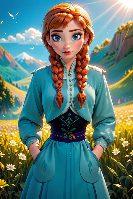 score_9, score_8_up, score_7_up,
<lora:DisneyAnna:0.8>
DisneyAnna, 1girl, orange hair, blue eyes, twin braids, looking at viewer, standing in a field of lavender, hands in pockets, slight breeze blowing hair, warm golden hour sunlight, serene and peaceful mood