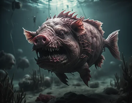 Horror-themed cinematic film still, fantasy monster concept art, a fish with the head of a pig, in ocean, dynamic lighting,  photorealistic, trending on art station, stunning visuals, creative, cinematic, ultra detailed, atmospherical, ambient lighting, scary art high budget, bokeh, cinemascope, moody, epic, gorgeous, film grain, grainy . Eerie, unsettling, dark, spooky, suspenseful, grim, highly detailed