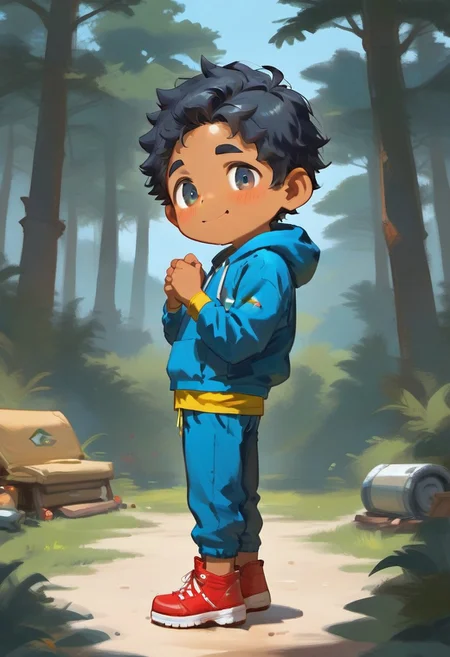 score_9, score_8_up, score_8, ((high_quality)), ((Super_Detailed)), 1boy,(max (camp camp),:1.2) solo, hood, blue hoodie,, yellow shirt, blue pants, red shoes, (curly black hair,:1.2) dark skin ,cute, chibi, small body, cartoony, cartoon style, (by ardidon:1.2),max ((Super_Detailed)),camp background, cartoony, cartoon style, (by ardidon:1.2),max, dynamic angle, side view, view from the side, full body, excited face, fear face, blushing, digital art