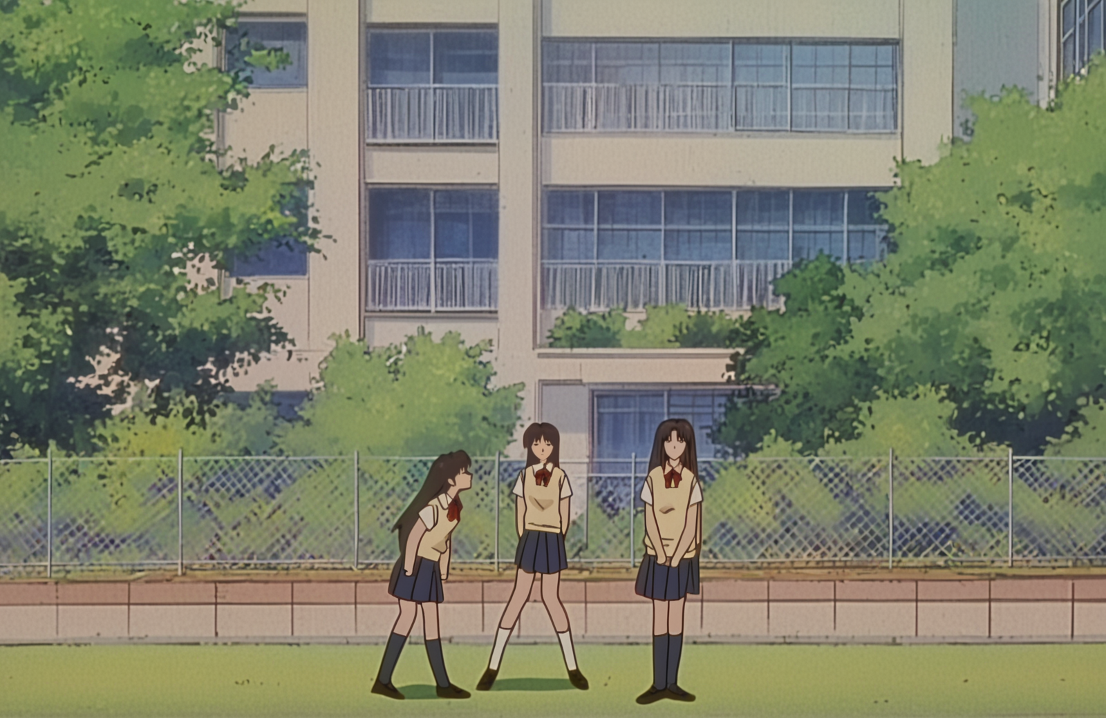 good quality, best quality, highres, masterpiece, painterly, comedy, parody, building, school, exterior, yard, fence,
1990s (style), anime screenshot,  outdoors,
<lora:GTO NoobAI V-Pred:0.6>