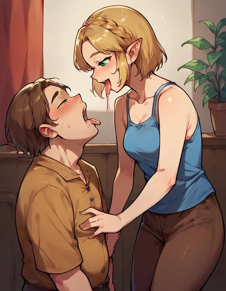 score_9, score_8_up, score_7_up, score_6_up, score_5_up, score_4_up, BREAK source_anime,
1girl, 1boy, <lora:Saliva_Drop:1> saliva drop, tongue out, open mouth,
<lora:maplezelda.pony:1> maplezelda, seductive smile, blush, tunic, blue tunic, brown legwear, brown leggings,
fat man, pants, tank top,