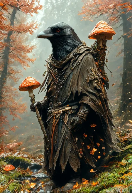(masterpiece,best quality,ultra_detailed,highres,absurdres:1.2), DnD_Grainyboyz, rotated camera angle style,hknature,
BREAK
highly detailed photo of single black corvidfolk running through forest, (holding 
glowing magic staff covered with shrooms:1.2),  (fast running:1.3), motion blur, wearing brown robe, ((from side:1.35)),
BREAK
moody forest,
detailed background, (ancient dence forest:1.2), rocks, fog, (dramatic light:1.25)
<lora:neg4all_bdsqlsz_xl_V9:2><lora:dynposes3870:1>