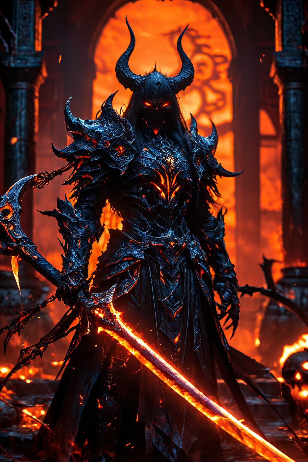 A dark overlord wearing intricate black armor, with glowing orange runes and sharp, menacing features. He holds a large, glowing scythe adorned with a skull. The scene is set in a fiery, chaotic environment, with flames and smoke surrounding a traditional Chinese pagoda in the background. The atmosphere is eerie and ominous, with a detailed, high-quality fantasy art style. The dark lord's eyes glow with a sinister light, and his armor has an otherworldly, demonic design, emphasizing his power and malevolence.
<lora:HKStyle:0.7> HKStyle,
<lora:XL_Weapon_Scythe_-_By_HailoKnight_V2:0.5> Scythe,
<lora:add-detail-xl:1.0>,
<lora:EnvyBetterHiresFixXL01:1.0>,
<lora:extremely_detailed:1.0>, extremely detailed,