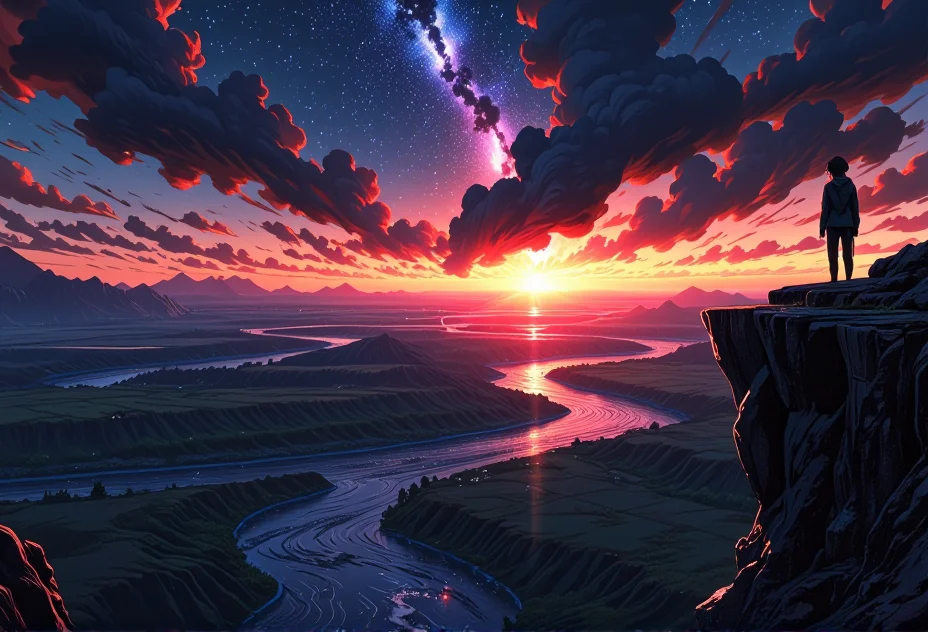 dawn scene of a figure standing on a cliff edge. The scene showcases a sky filled with shimmering stars and constellations, with a winding river in the background. The lighting casts soft, warm glows, enhancing the surreal beauty of the landscape. The figure is dressed in a futuristic outfit, adding a sense of wonder. Small details, like waves gently lapping at the shore, bring an extra layer of magic and realism to the scene.}bv-stuanilan<lora:bv-stunning-anime-landscape-v1.safetensors:1.0:1.0>