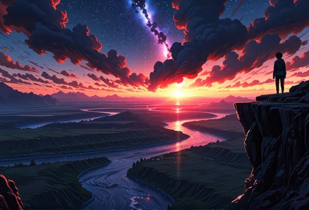 dawn scene of a figure standing on a cliff edge. The scene showcases a sky filled with shimmering stars and constellations, with a winding river in the background. The lighting casts soft, warm glows, enhancing the surreal beauty of the landscape. The figure is dressed in a futuristic outfit, adding a sense of wonder. Small details, like waves gently lapping at the shore, bring an extra layer of magic and realism to the scene.}bv-stuanilan<lora:bv-stunning-anime-landscape-v1.safetensors:1.0:1.0>