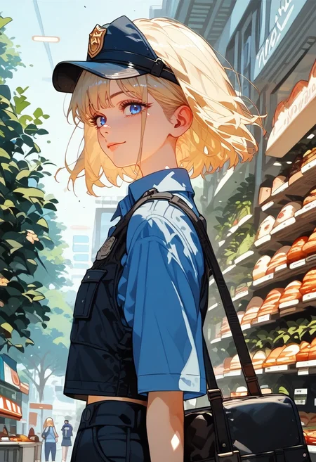 score_9, score_8_up, score_7_up, score_6_up, score_5_up, score_4_up, source_anime, 1girl, solo, 18yo, (slim face:1.5), (bangs:1.2), skinny, thin body, wide hips, thin thighs,
cowboy shot,
from side,
from front,
<lora:age_slider_v4:2> <lora:Expressive_H:1><lora:Kenva:1><lora:naipf:0.7>
1girl, solo, looking at viewer, small breasts, very short hair, blonde hair, blue eyes, light smile, police cap, shoulder bag, police shirt, vest, outdoors, down town, tree, shop, cafe, shopping mall,