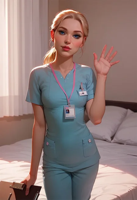 safe_pos, safe_pos, score_9_up, score_8_up, score_7_up, score_9_up, score_8_up, score_7_up, best quality, ultra highres, Casual, Expressiveh, g0thicPXL, fFaceDetail,
indoors, Hospital, detailed background, hospital room, medical equipment,
BREAK
1 girl, solo, blonde, blue eyes, long hair, ponytail, nurse, small breasts, blue nurse scrubs, pink lanyard, hud_scrbs, short sleeves, shirt, pants, pocket, ID card, standing next to bed, waving,facing bed, holding clipboard, clipboard in hand,
original, perfect lighting, realistic skin, close up, face focus,