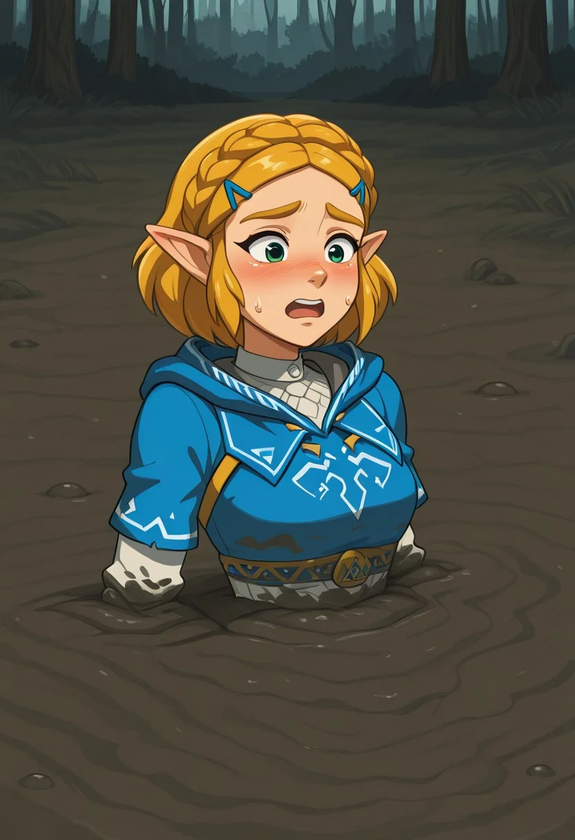 masterpiece, best quality, zelda1x, tunicleggings, blue tunic, thigh-deep, forest clearing, trapped in quicksand, scared